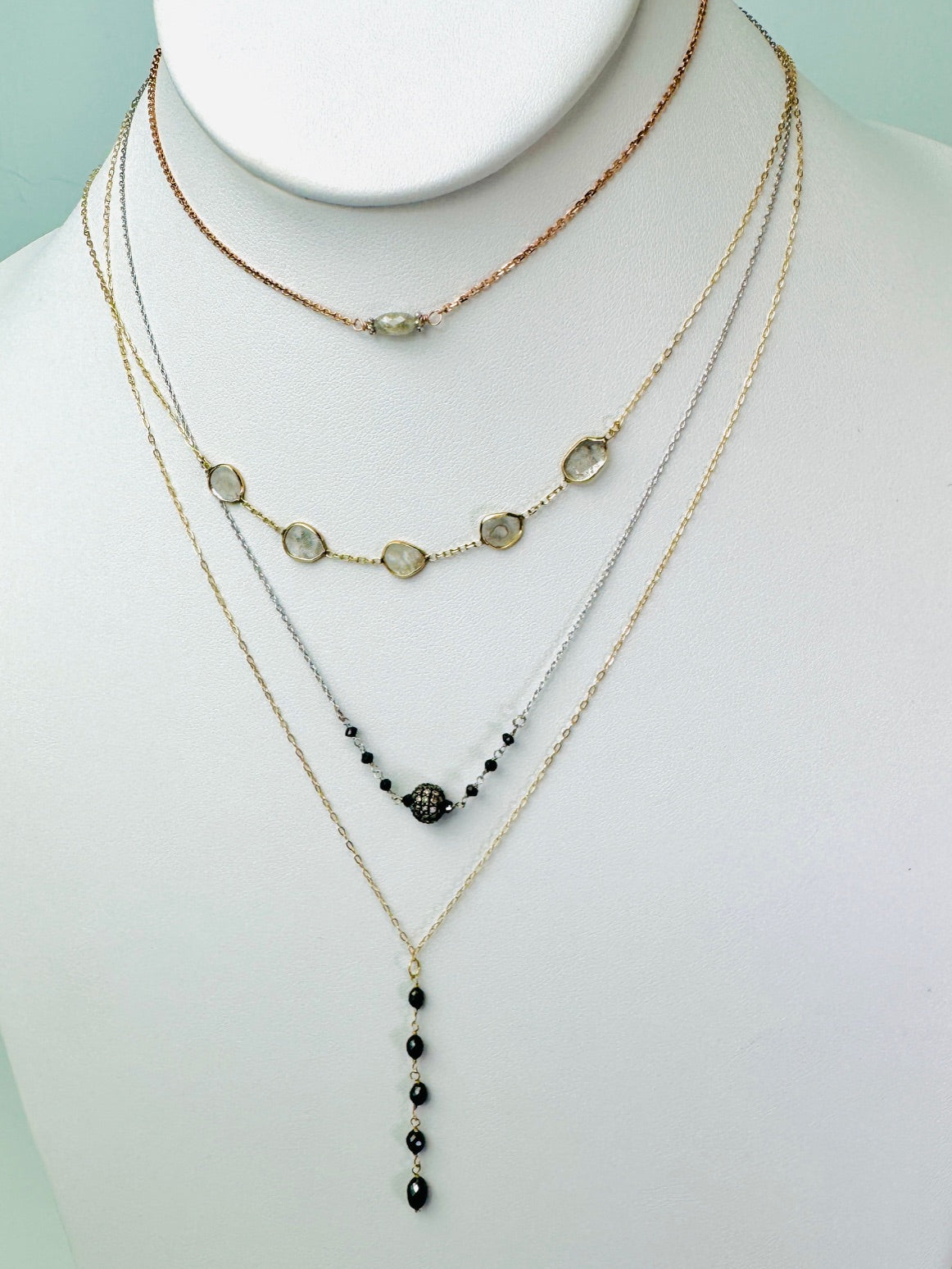 15"-17" Antiqued Silver Pave Bead and Black Diamond Necklace in 14K White Gold - NCK-800-7ROSDIA14WSS-BK-17-09018