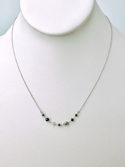 15"-17" Necklace With Blue, Grey, and Black Diamond Beads in 14K White Gold - NCK-805-7ROSDIA14W-MLTI-17-09026