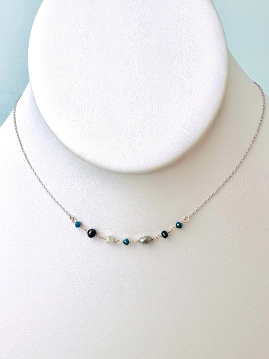15"-17" Necklace With Blue, Grey, and Black Diamond Beads in 14K White Gold - NCK-805-7ROSDIA14W-MLTI-17-09026