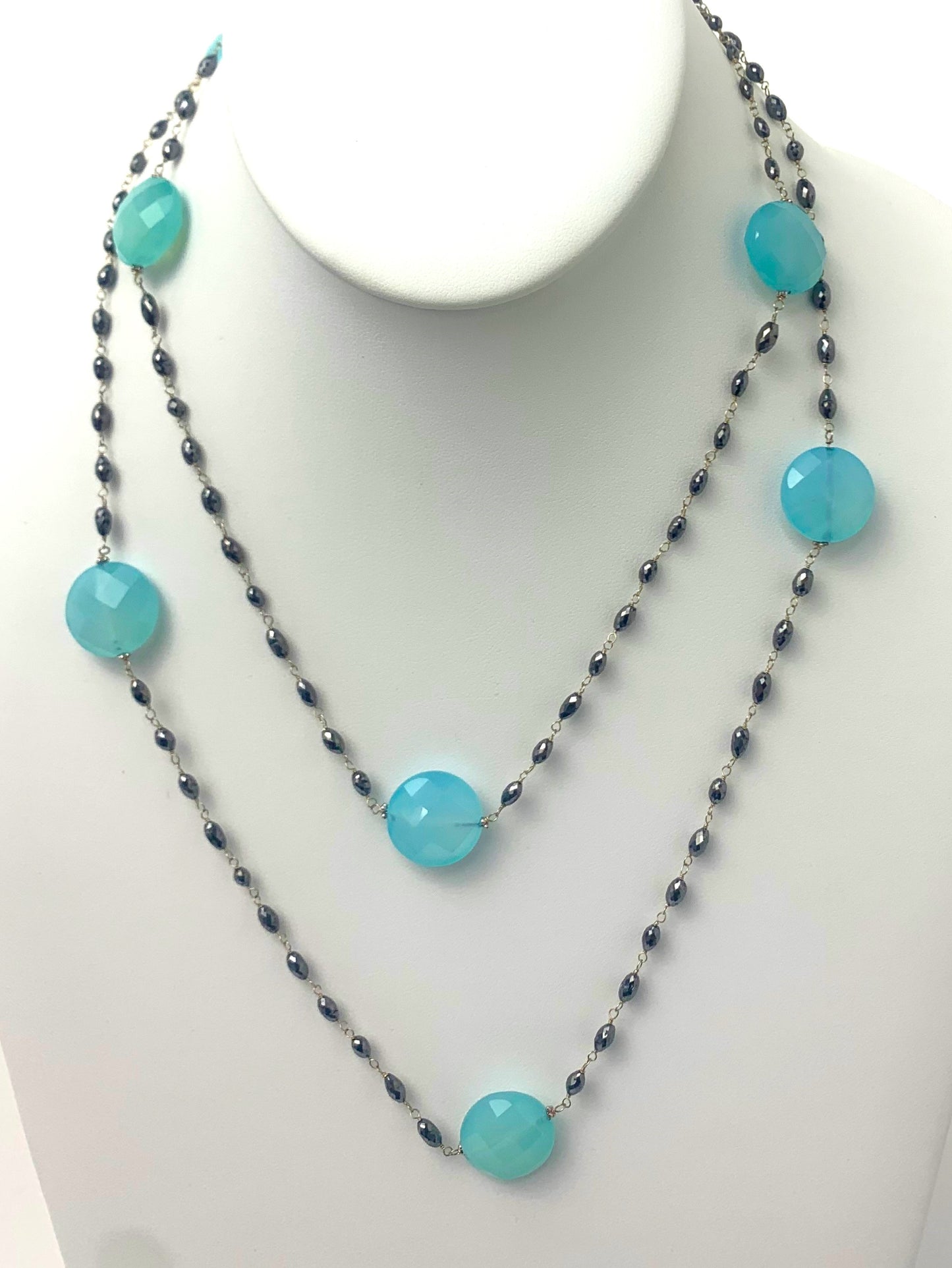18" Chalcedony and Black Diamond Oval Rosary Necklace in 14KW - NCK-037-ROSDIAGM14W-BLKBL-38 30ctw