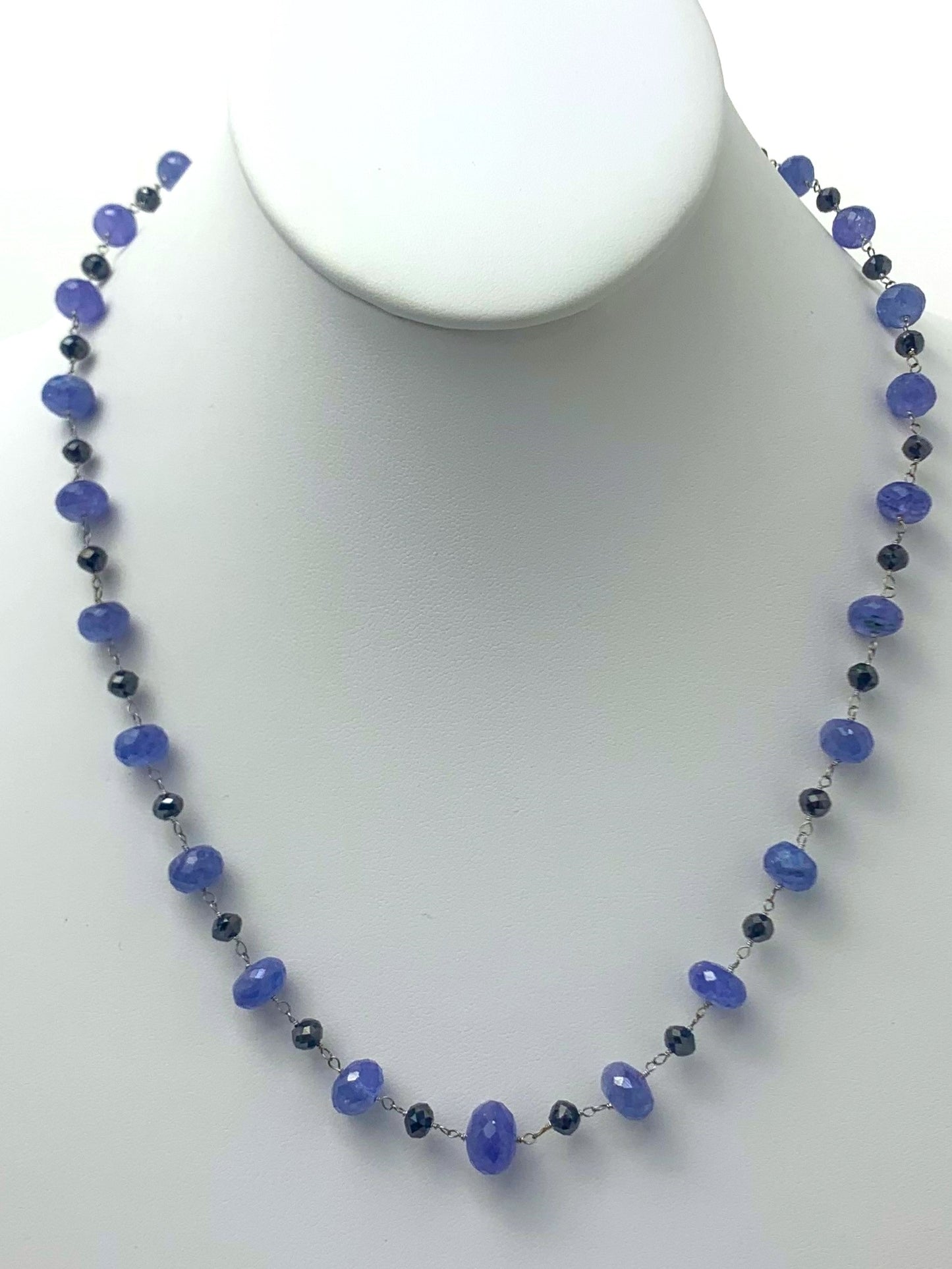 20" - 21" Tanzanite and Black Diamond Rosary Necklace  in 14KW - NCK-038-ROSDIAGM14W-BLKTZ-20 13.5ctw