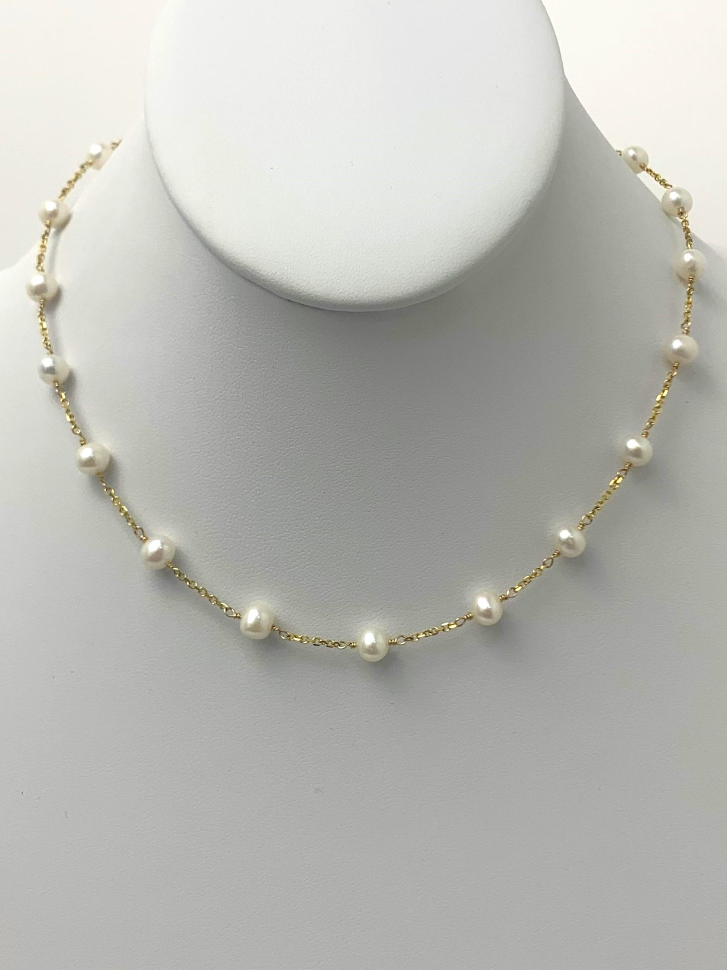 16" White Pearl Station Necklace in 14KY - NCK-039-TNCPR14Y-WH-16