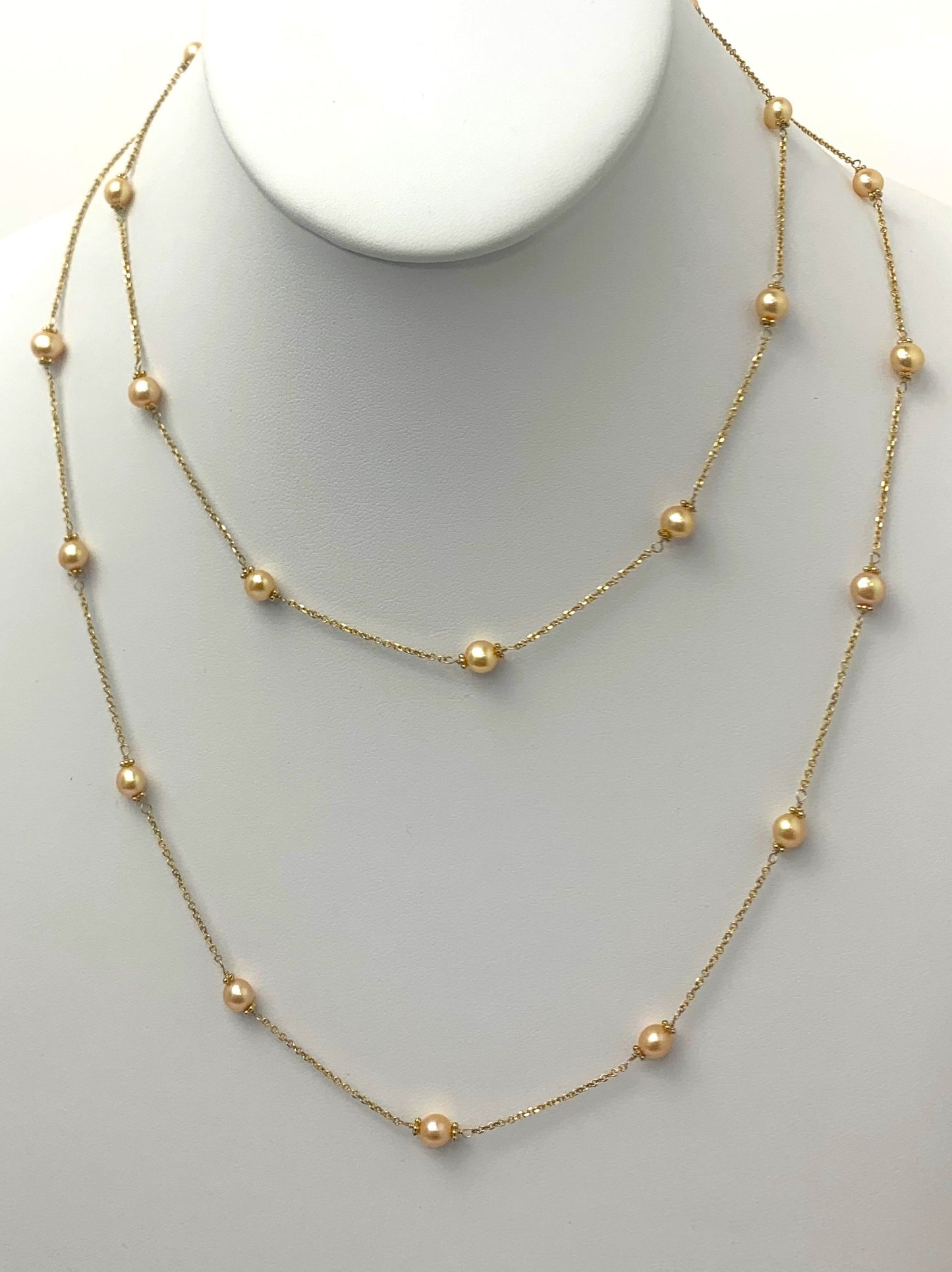 37" Gold Pearl Station Necklace in 14KY - NCK-041-TNCPR14Y-YL-37