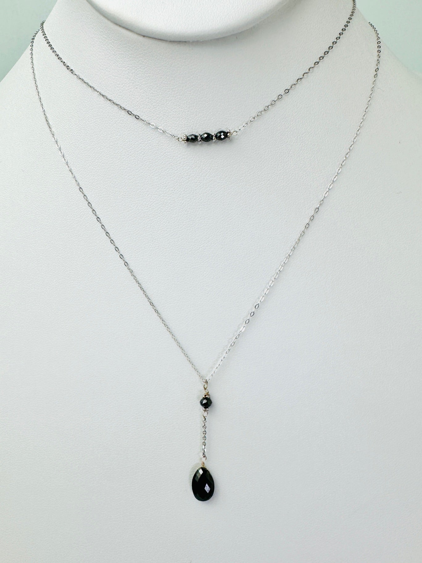 15"-17" Drop Necklace Featuring 2 Black Diamond Beads in 14K White Gold - NCK-826-DRPDIA14W-BK-09058