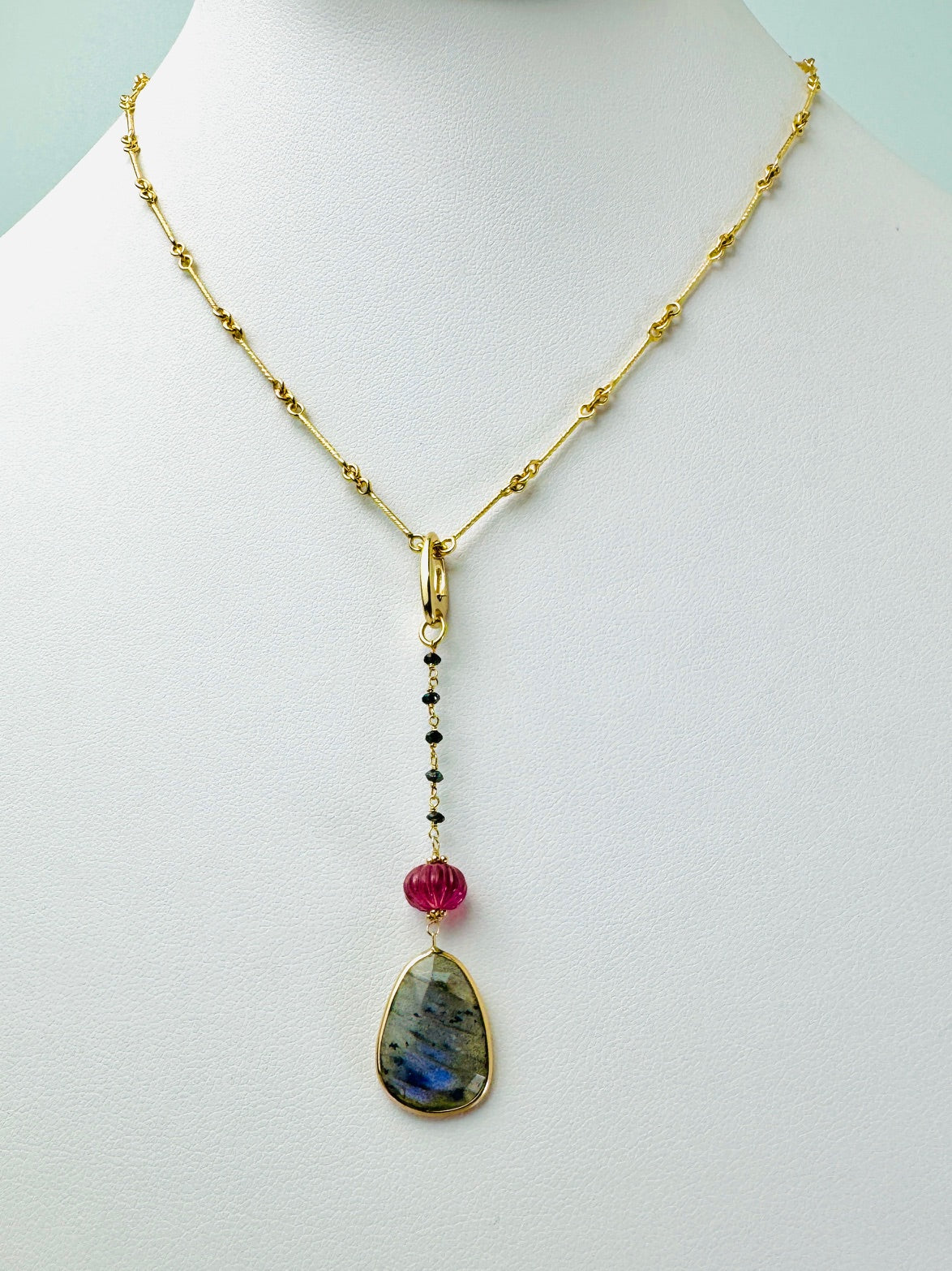 Enhancer Pendant with Labradorite, Pink Tourmaline and Black Diamonds in 14k Yellow Gold - NCK-825-BZGMDIA14Y-LABPTBK-09066