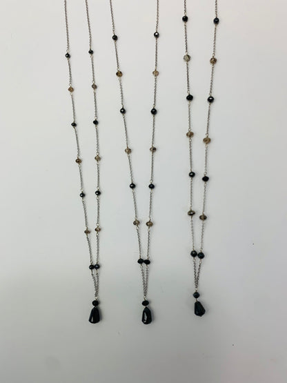 16" Black and Brown Diamond Station Necklace with Black Diamond Drop in Platinum - NCK-051-TNCDIAPLT-BLKBRN-16