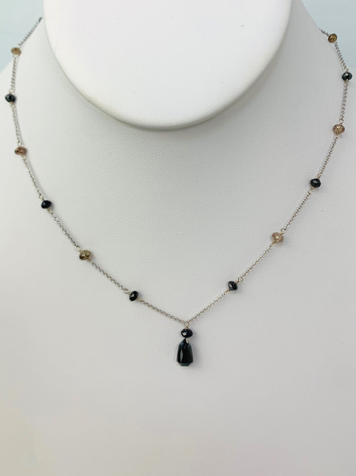 16" Black and Brown Diamond Station Necklace with Black Diamond Drop in Platinum - NCK-051-TNCDIAPLT-BLKBRN-16