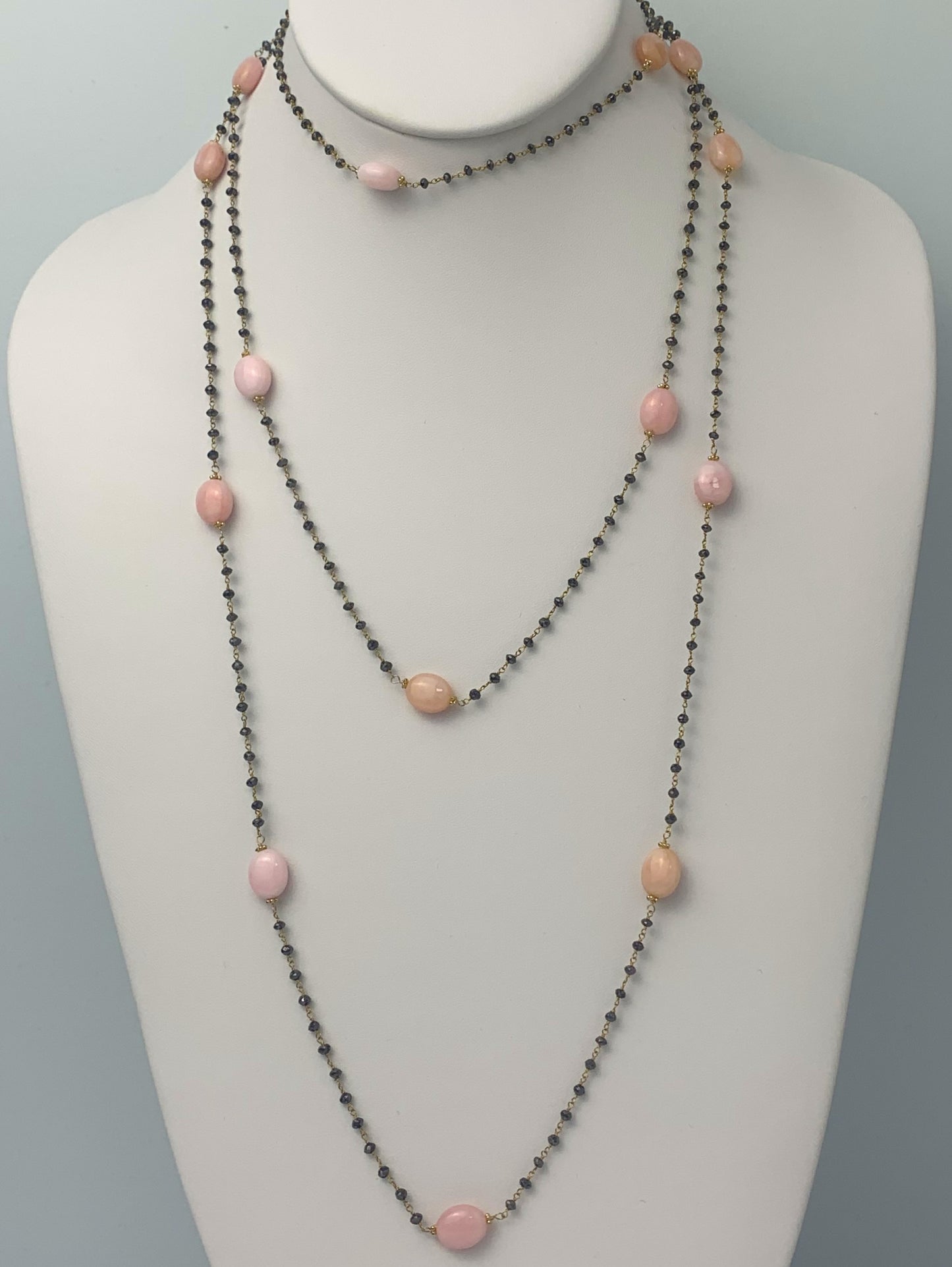 57" Pink Opal and Black Diamond 16 Station Rosary Necklace in 14KY - NCK-071-ROSDIAGM14Y-BLKPKO-57 28.10ctw