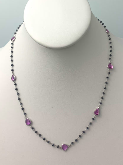 18" Pink Sapphire and Black Diamond Rosary Necklace in 14KW - NCK-074-ROSDIAGM14W-BLKPKS- 18