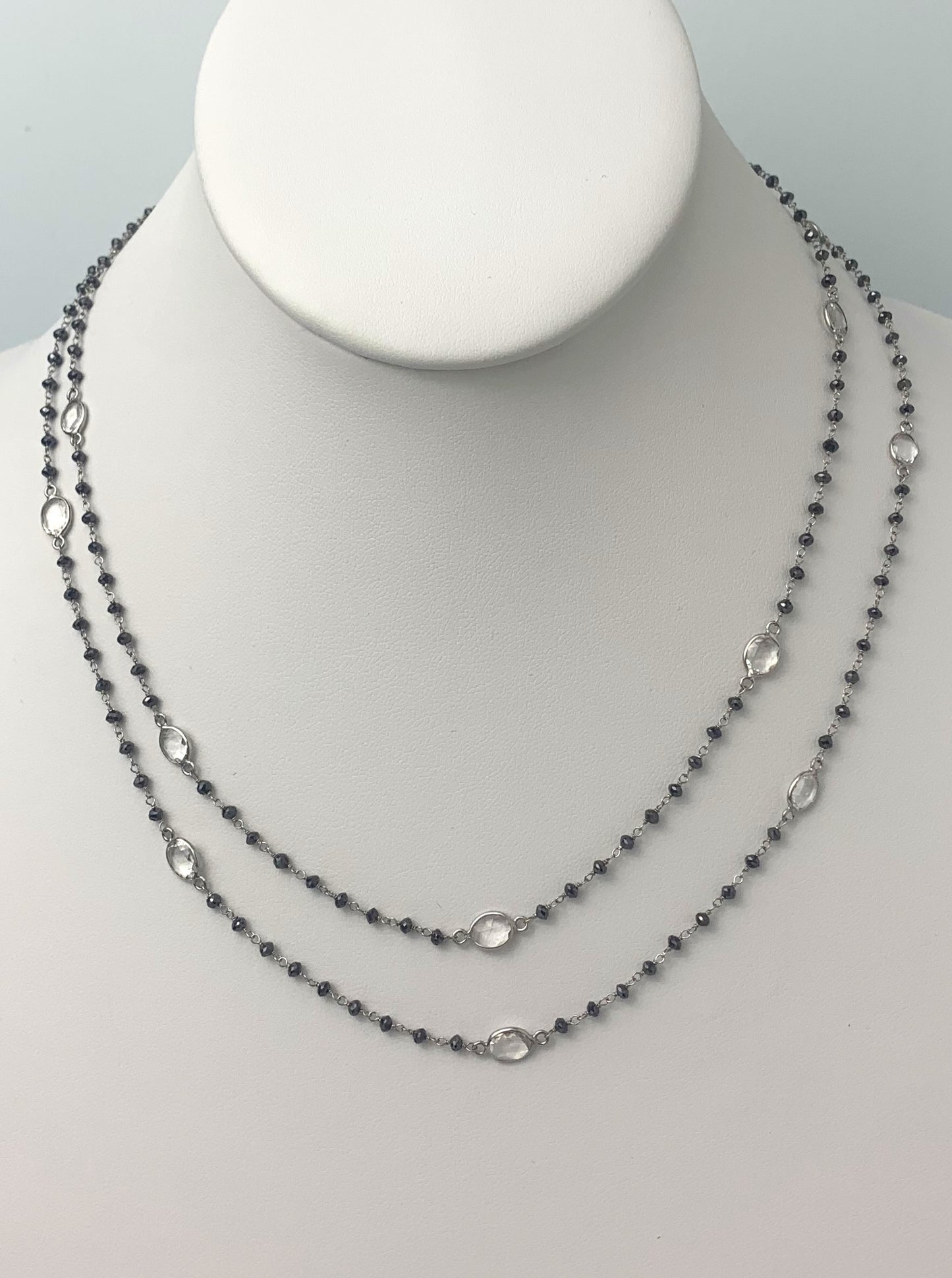 35" Black Diamond Rosary Necklace With White Sapphire Rose Cuts in 14KW - NCK-077-ROSDIAGM14W-BLKWS- 35 10.25ctw