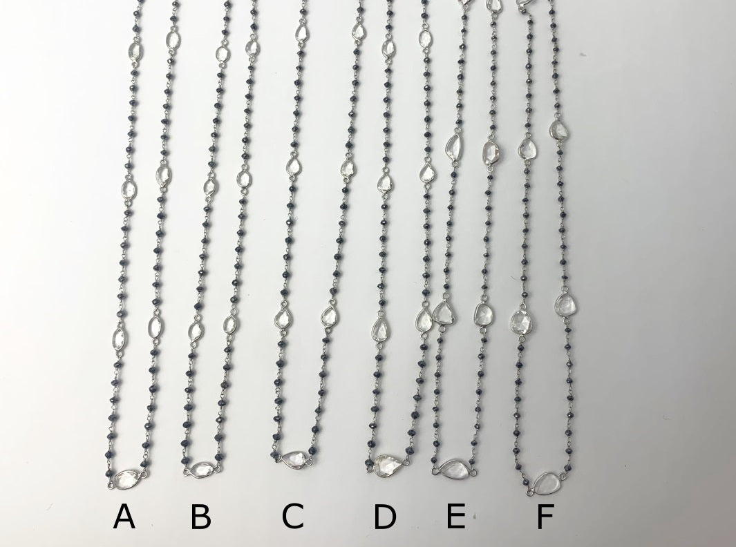 17" - 18" Black Diamond Rosary Necklaces with White Sapphire Rose Cut Stations in 14KW -3-5ctwNCK-080-085-ROSDIAGM14W-BLKWS