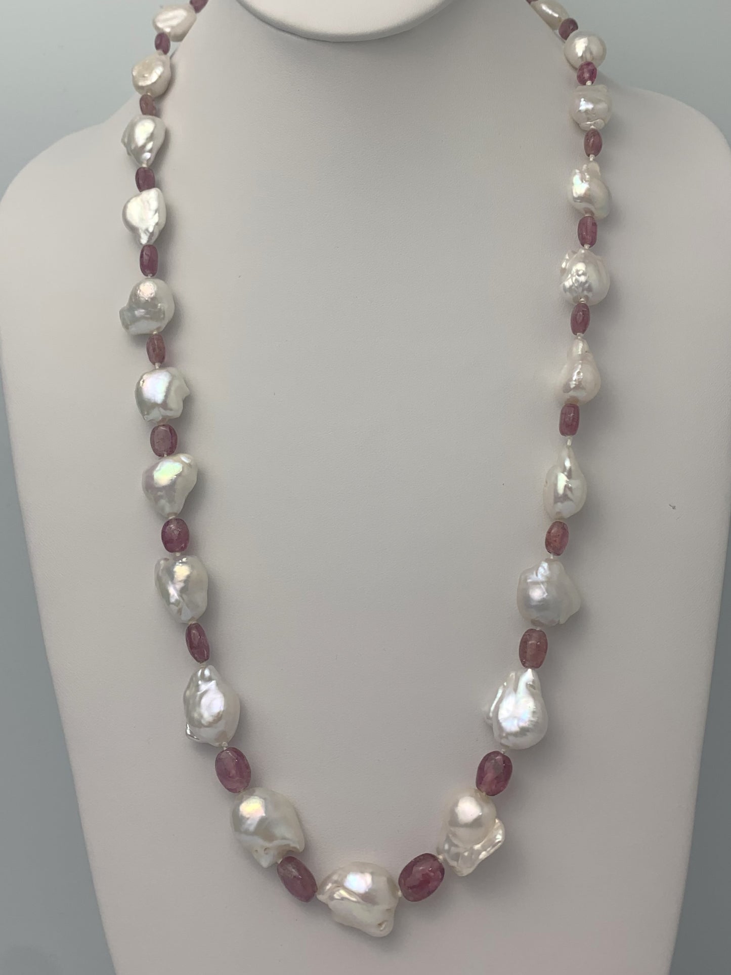 26" Freshwater Baroque Pearl and Pink Tourmaline Necklace with Vermeil Clasp - NCK-089-KNTPRLGMSS-WHPT-26