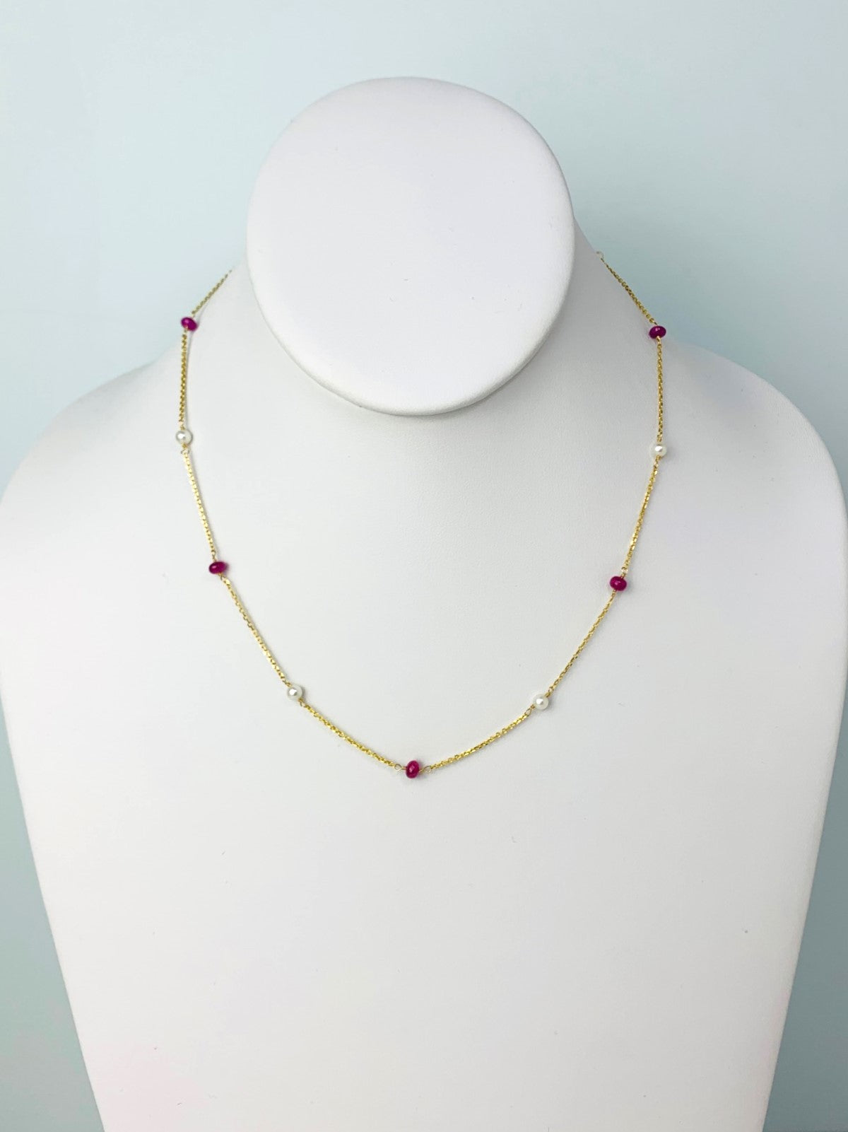 16"-17" Ruby and Pearl Station Necklace in 14KY - NCK-094-TNCPRLGM14Y-WHRBY
