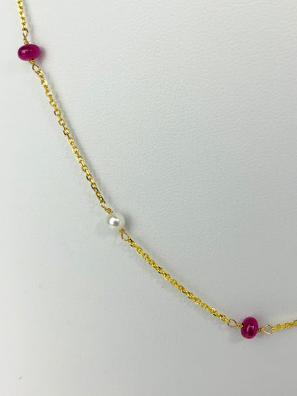 16"-17" Ruby and Pearl Station Necklace in 14KY - NCK-094-TNCPRLGM14Y-WHRBY