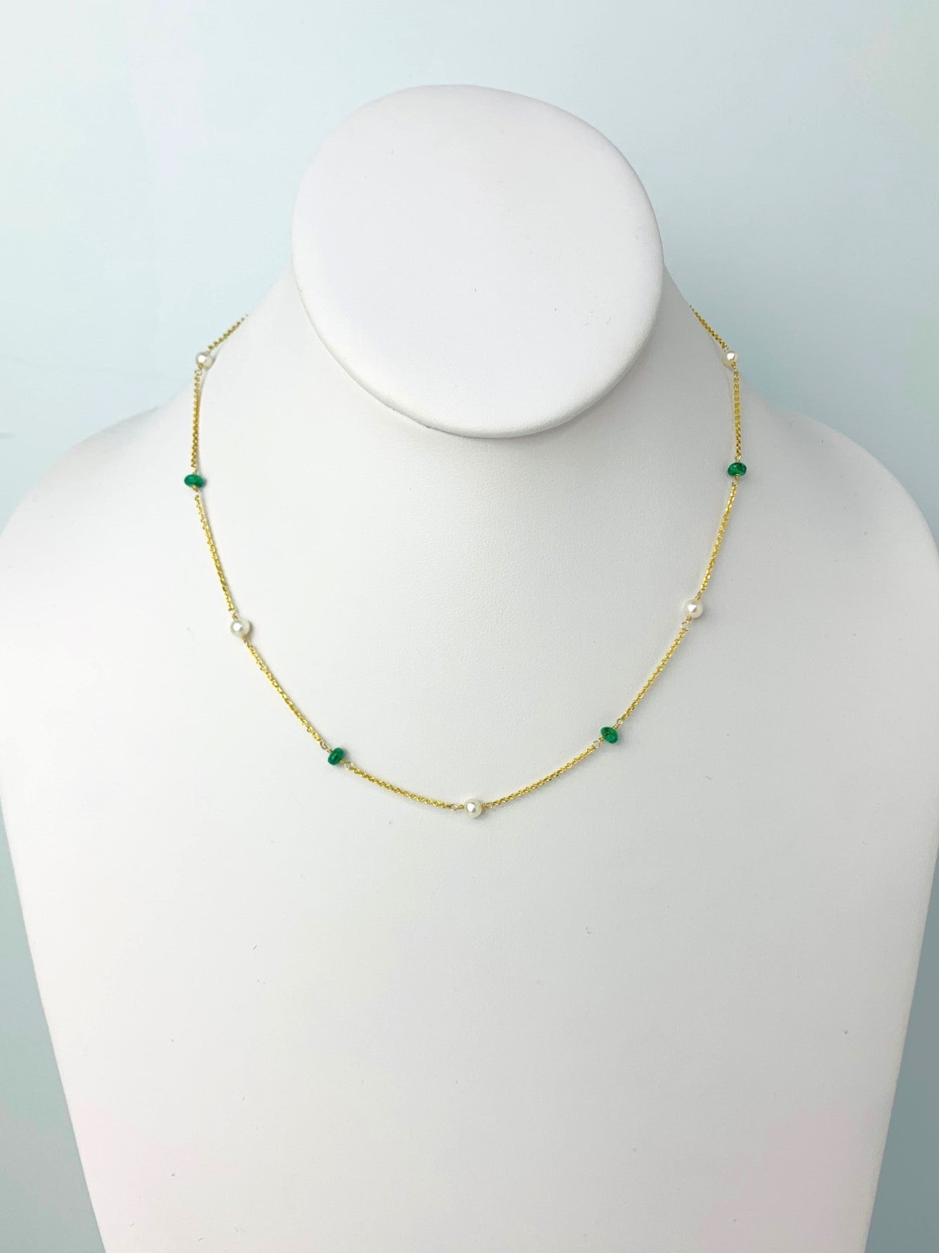 16" - 36"  Emerald and Pearl Station Necklace in 14KY - NCK-095-TNCPRLGM14Y-WHEM-16