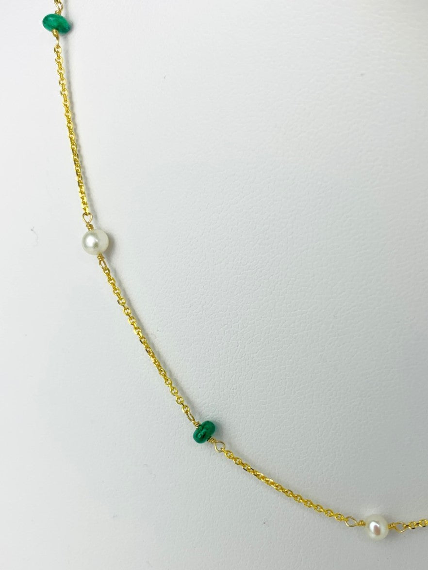 16" - 36"  Emerald and Pearl Station Necklace in 14KY - NCK-095-TNCPRLGM14Y-WHEM-16