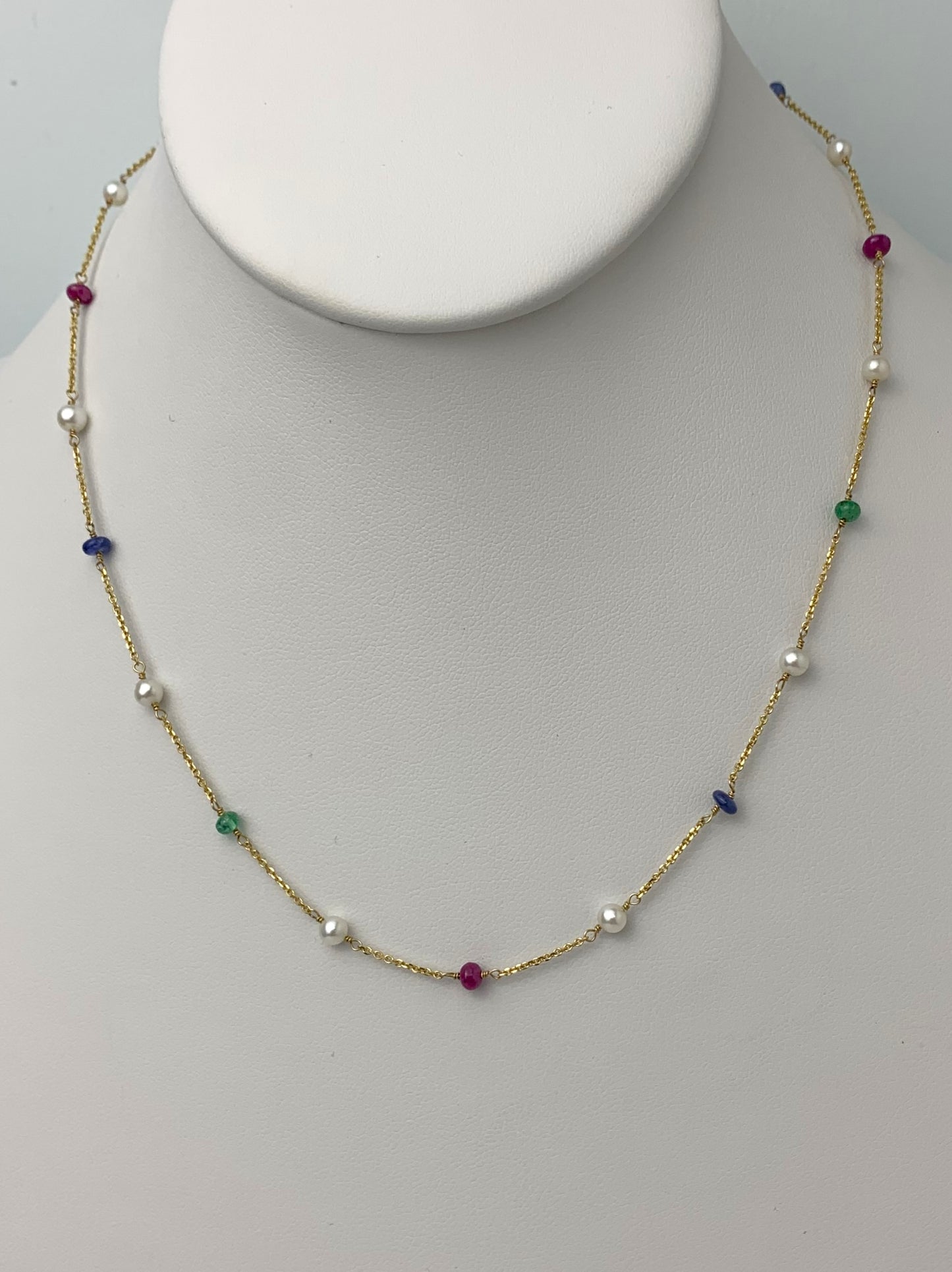 17" Ruby, Emerald, Sapphire, and Pearl Station Necklace in 14KY - NCK-096-TNCPRLGM14Y-WHMLTI-17
