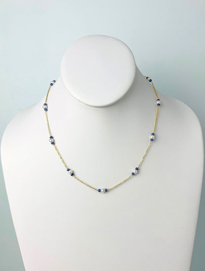 17" Blue Sapphire and Pearl Station Necklace in 14KY - NCK-098-TNCPRLGM14Y-WHBS-17