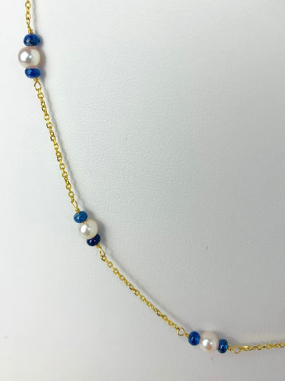 17" Blue Sapphire and Pearl Station Necklace in 14KY - NCK-098-TNCPRLGM14Y-WHBS-17