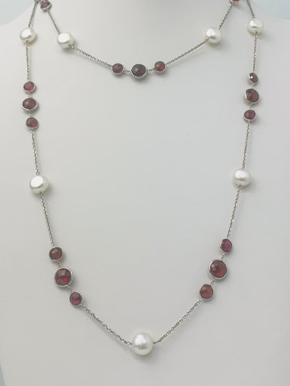 42" Garnet and Coin Pearl Station Necklace in 14KW - NCK-106-TNCPRLGM14W-WHGNT-42