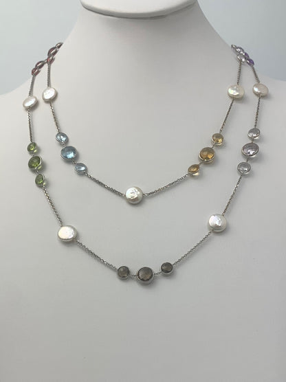 42" Multicolored Gem and Coin Pearl Station Necklace in 14KW - NCK-108-TNCPRLGM14W-WHMLTI-42