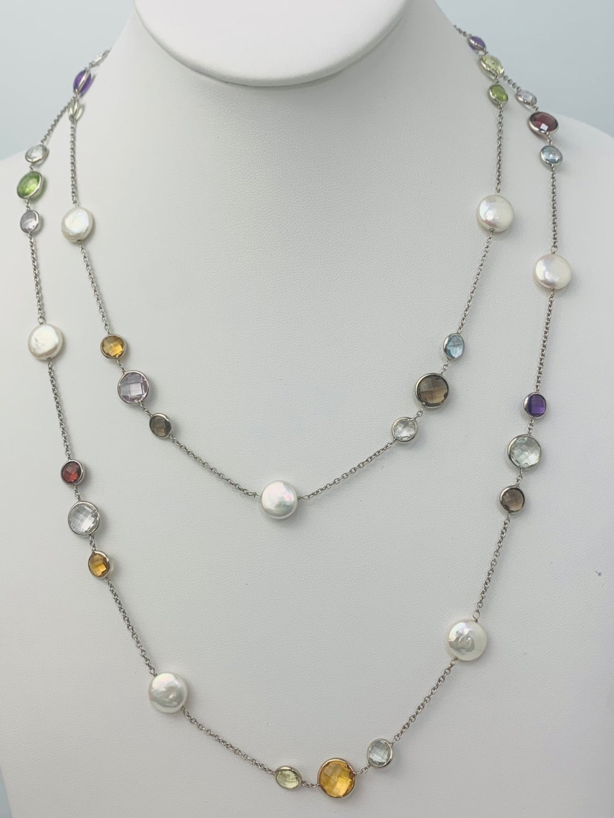 42" Multicolored Gem and Coin Pearl Station Necklace in 14KW - NCK-109-TNCPRLGM14W-WHMLTI-44