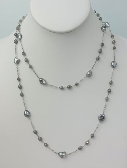 36" Grey Diamond and Keshi Pearl Station Necklace in 14KW - NCK-113-TNCPRLDIA14W-GRY-36-02828 25ctw