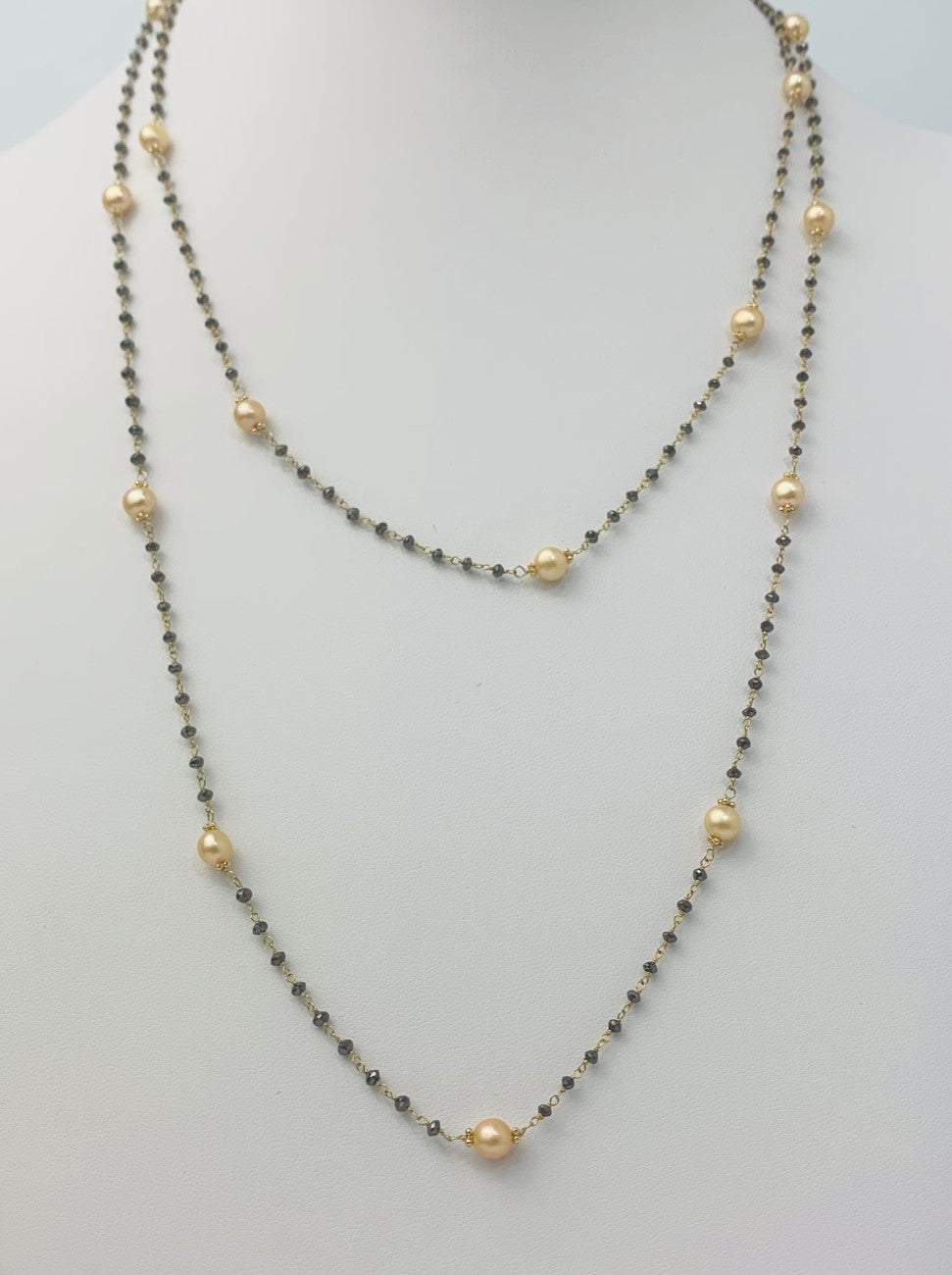 43" Gold Pearl and Black Diamond Rosary Necklace in 14KY - NCK-116-ROSPRLDIA14Y-YLBLK-44 12ctw