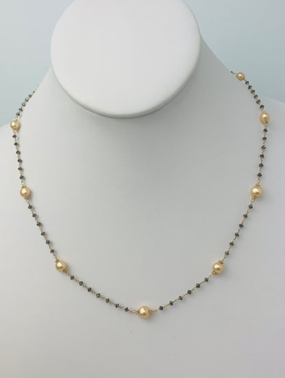 17"-18" Gold Pearl and Black Diamond Rosary Necklace in 14KY -  NCK-117-ROSPRLDIA14Y-YLBLK-18 5ctw