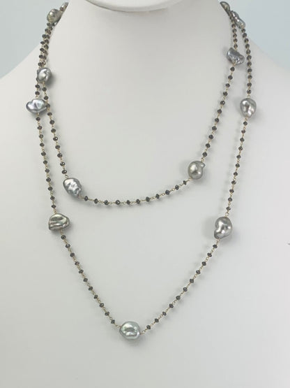 40" Grey Keshi and Black Diamond Rosary Necklace in 14KY - NCK-118-ROSPRLDIA14Y-GRYBLK-40-00286 14ctw