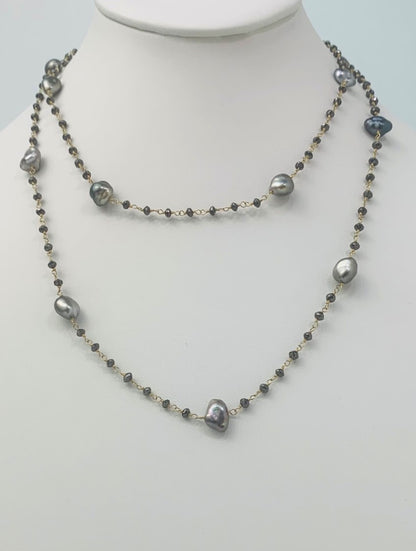 35" Grey Keshi and Black Diamond Rosary Necklace in 18KY - NCK-118-ROSPRLDIA18Y-GRYBLK-35-02883 15ctw