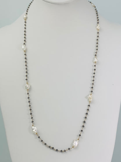 30" White Keshi and Black Diamond Rosary in 14Y - NCK-127-ROSPRLDIA14Y-WHBLK-30 9.20ctw