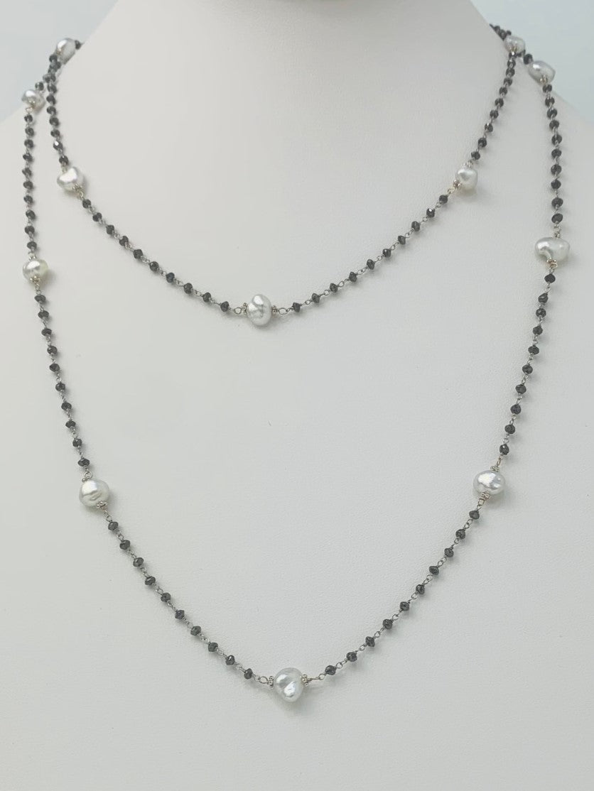 40" White Keshi and Black Diamond Rosary in 14W - NCK-131-ROSPRLDIA14W-WHBLK-40 14ctw