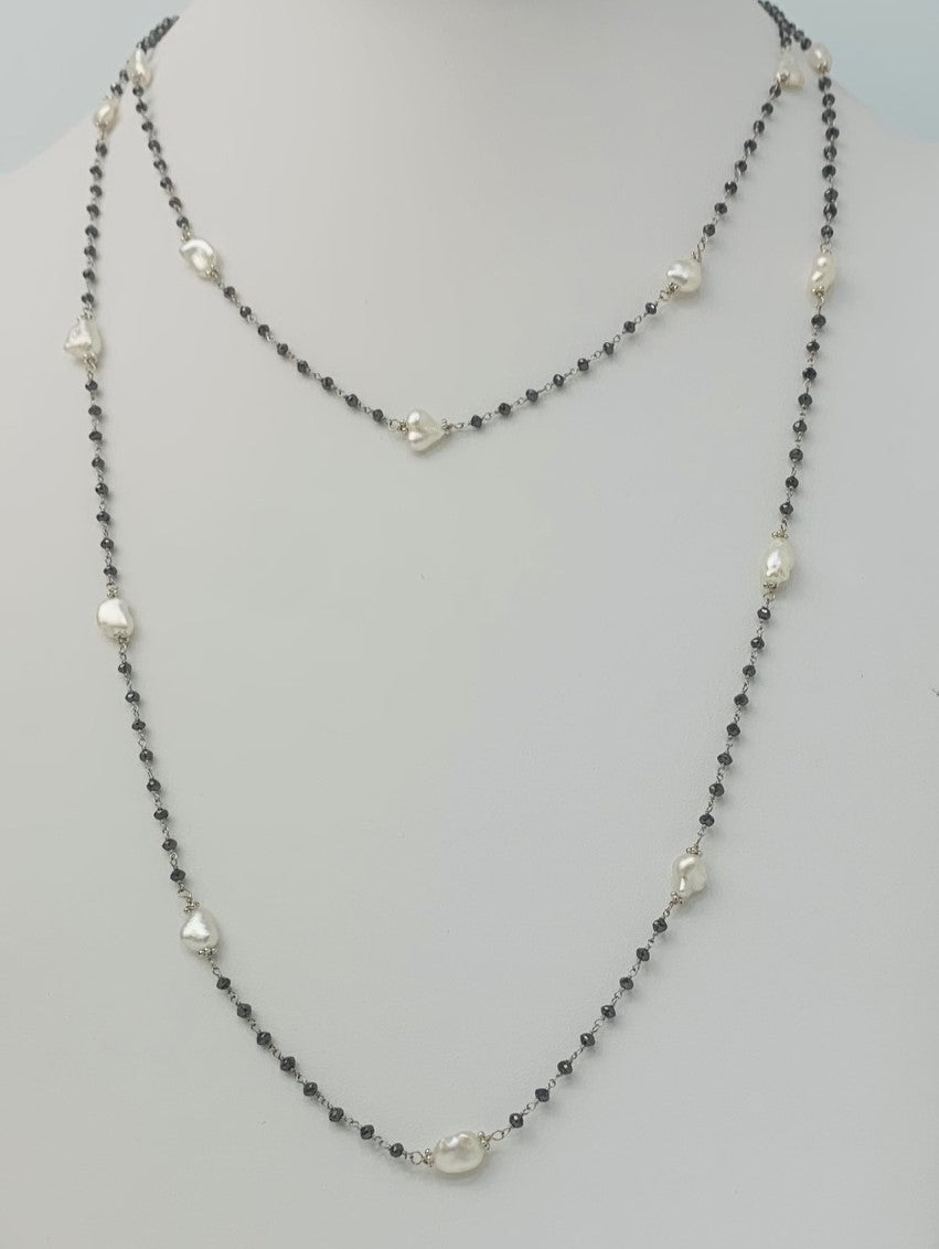 40" White Keshi and Black Diamond Rosary Necklace in 14KW - NCK-133-ROSPRLDIA14W-WHBLK-42-00344 12ctw