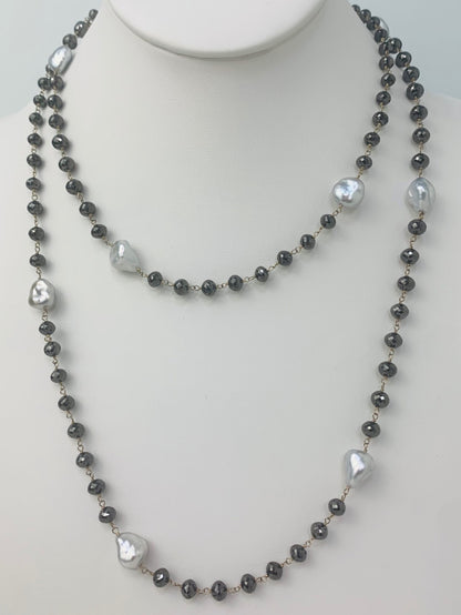 38" Black Diamond Rosary Necklace with Keshi Pearl Accents in 14KW - NCK-136-ROSPRLDIA14W-GRYBLK-39 100ctw