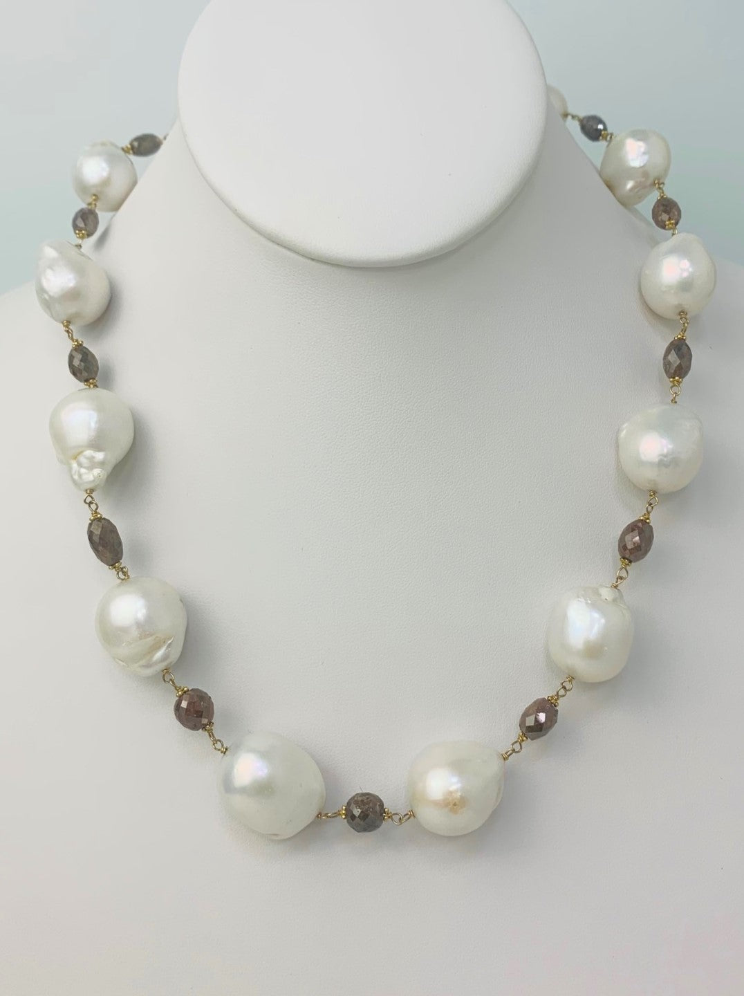 20" Freshwater Baroque Pearl and Brown Diamond Bead Rosary Necklace in 14KY - NCK-137-ROSPRLDIA14Y-WHBRN-20 26.8ctw