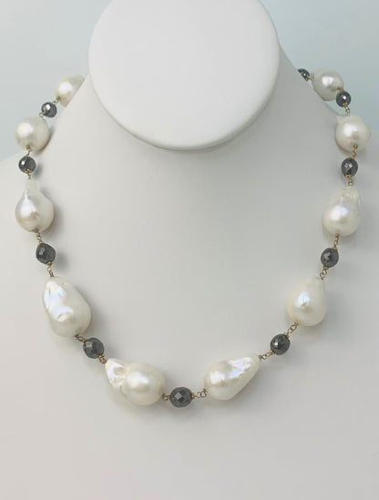 19" Freshwater Baroque Pearl and Black Diamond Oval Bead Rosary Necklace in 14KY - NCK-138-ROSPRLDIA14Y-WHBLK-19-00722 46ctw