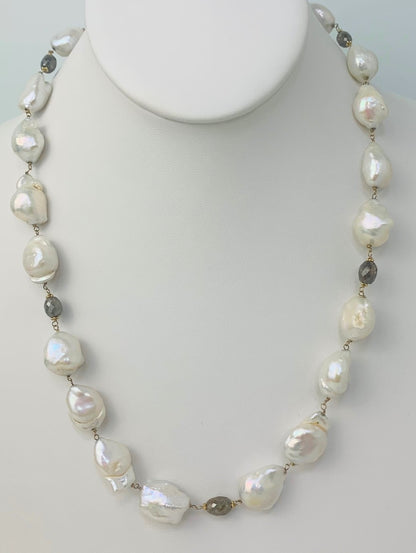 20" Freshwater Baroque Pearl Rosary Necklace with Brown Diamond Bead Accents in 14KY - NCK-142-ROSPRLDIA14Y-WHBRN-20 12.5ctw