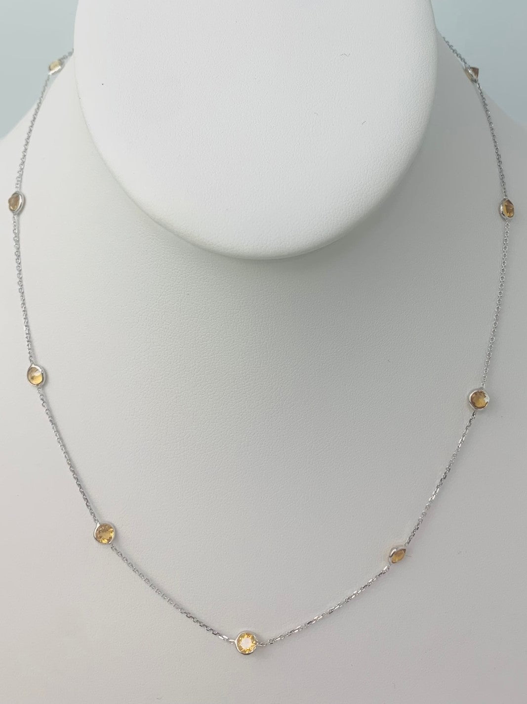 17"-18" 4mm 9 Station Round Citrine Bezel Necklace in 14KW - NCK-168-BZGM14W-CIT-18-4