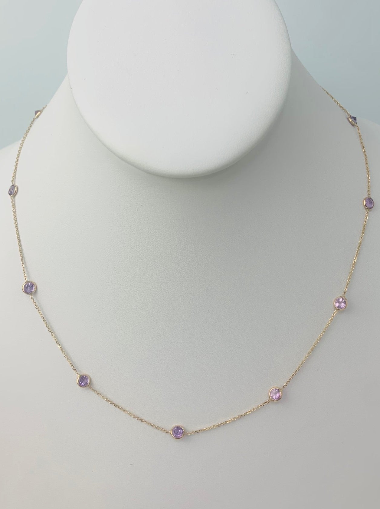 17"-18" 4mm 9 Station Round Amethyst Bezel Necklace in 14KY - NCK-169-BZGM14Y-AMY-18-4