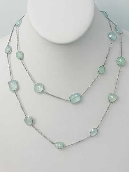 36" 20 Station Chalcedony Round, Pear, Trilliant, Oval and Rectangular Checkerboard Bezel Necklace in 14KW - NCK-172-BZGM14W-CAL-36
