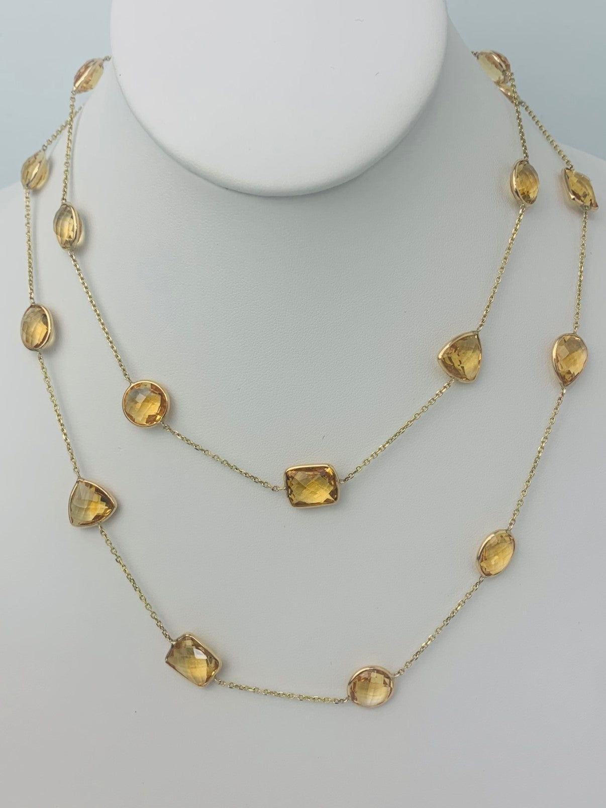 36" 20 Station Citrine Round, Pear, Trilliant, Oval and Rectangular Checkerboard Bezel Necklace in 14KY - NCK-177-BZGM14Y-CIT-36