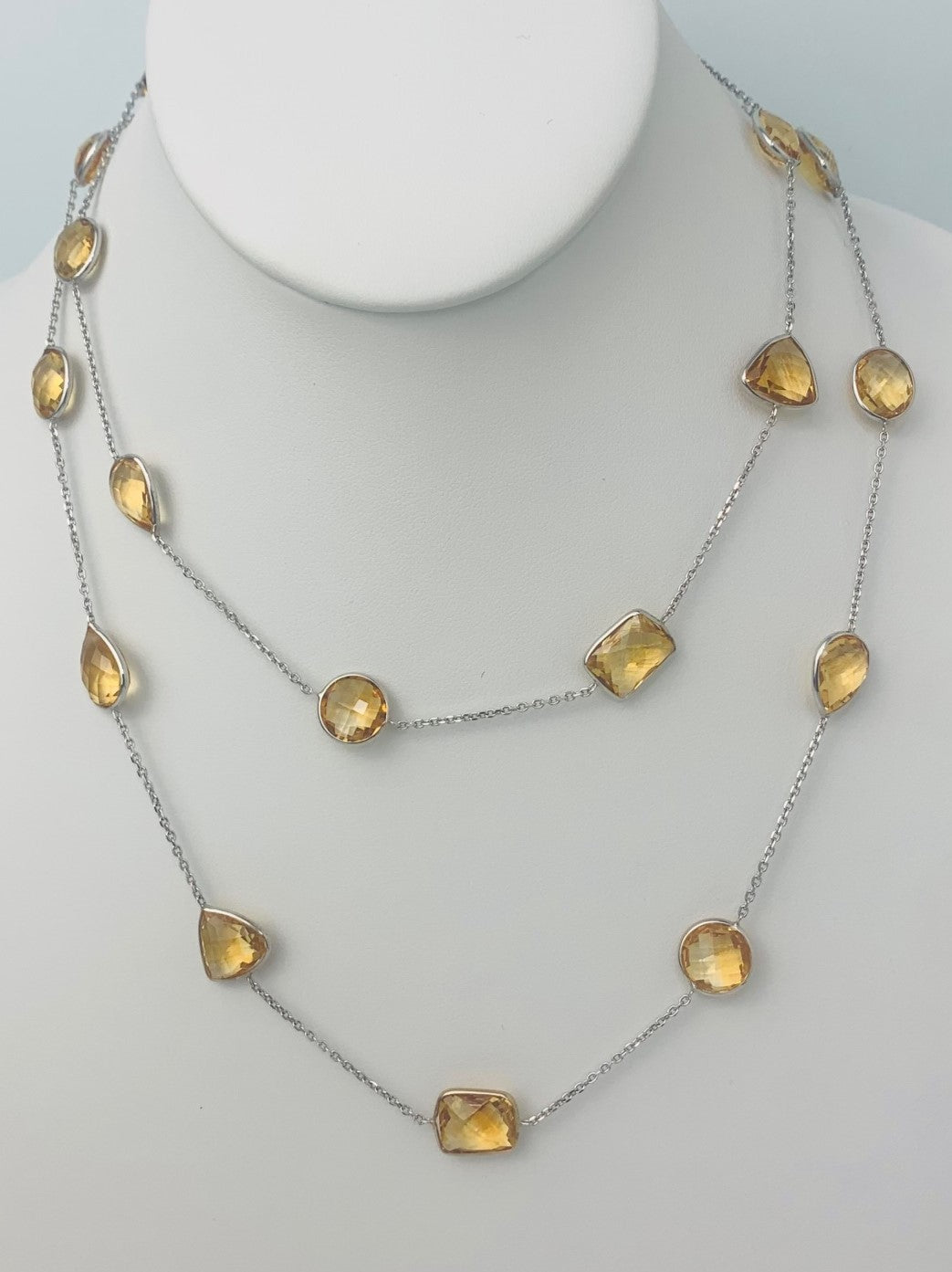 36" 20 Station Citrine Round, Pear, Trilliant, Oval and Rectangular Checkerboard Bezel Necklace in 14KW - NCK-177-BZGM14W-CIT-36