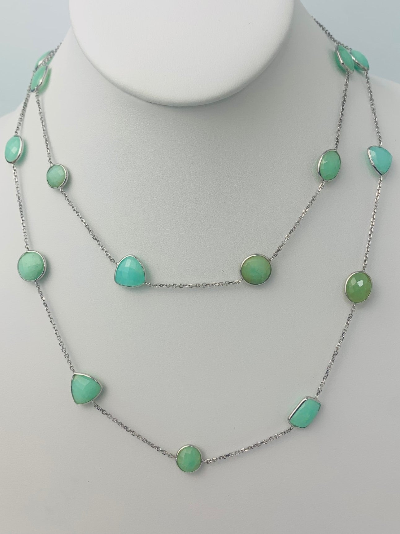 36" 20 Station Chrysoprase Round, Pear, Trilliant, Oval and Rectangular Checkerboard Bezel Necklace in 14KW - NCK-180-BZGM14W-CHR-36
