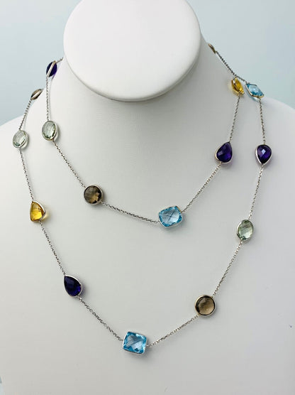 36" 20 Station Multicolored Round, Pear, Trilliant, Oval and Rectangular Checkerboard Bezel Necklace in 14KW - NCK-181-BZGM14W-MLTI-36A