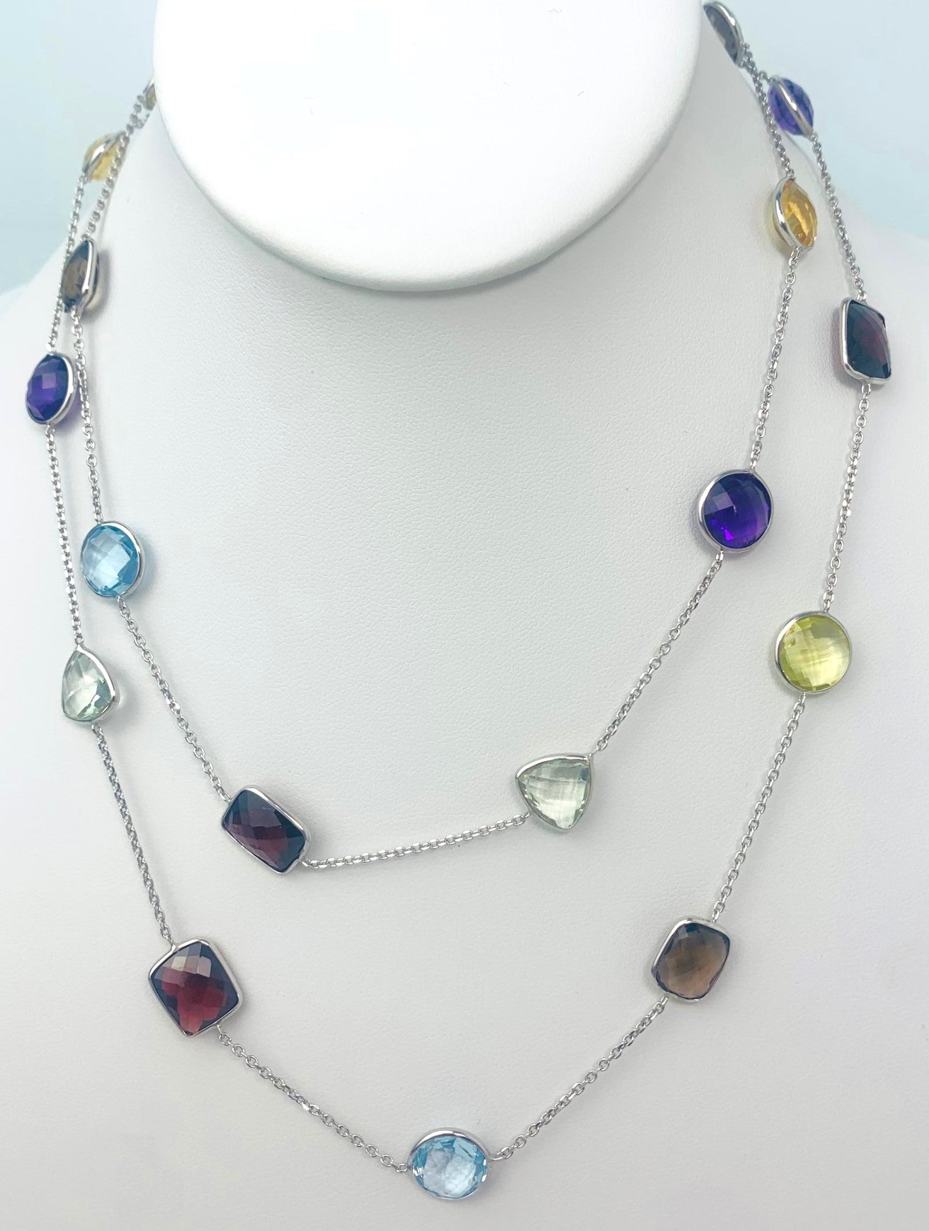 36" 20 Station Multicolored Round, Pear, Trilliant, Oval and Rectangular Checkerboard Bezel Necklace in 14KW - NCK-181-BZGM14W-MLTI-36B
