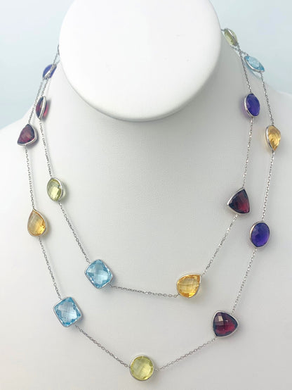 36" 20 Station Multicolored Round, Pear, Trilliant, Oval and Rectangular Checkerboard Bezel necklace in 14KW - NCK-181-BZGM14W-MLTI-36C-05727