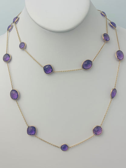 36" 20 Station Amethyst Round, Pear, Trilliant, Square Cushion and Oval Checkerboard Bezel Necklace in 14KY - NCK-185-BZGM14Y-AM-36