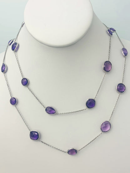 36" 20 Station Amethyst Round, Pear, Trilliant, Square Cushion and Oval Checkerboard Bezel Necklace in 14KW - NCK-185-BZGM14W-AM-36