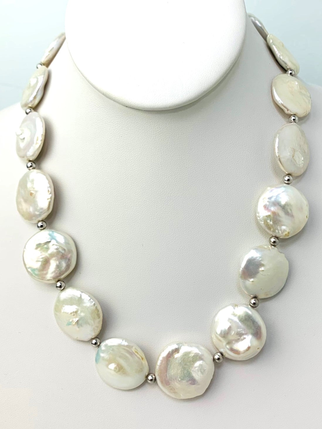 20" Large Freshwater Coin Pearl Necklace With Silver Beads And Clasp in SS - NCK-206-CRDPRLSS-WH-20